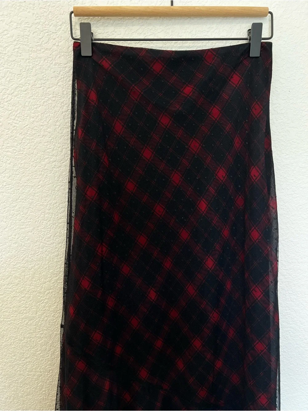 Trish Scully Black Red Plaid Mesh Polka Dot Overlay Trumpet Maxi Skirt- Size 2